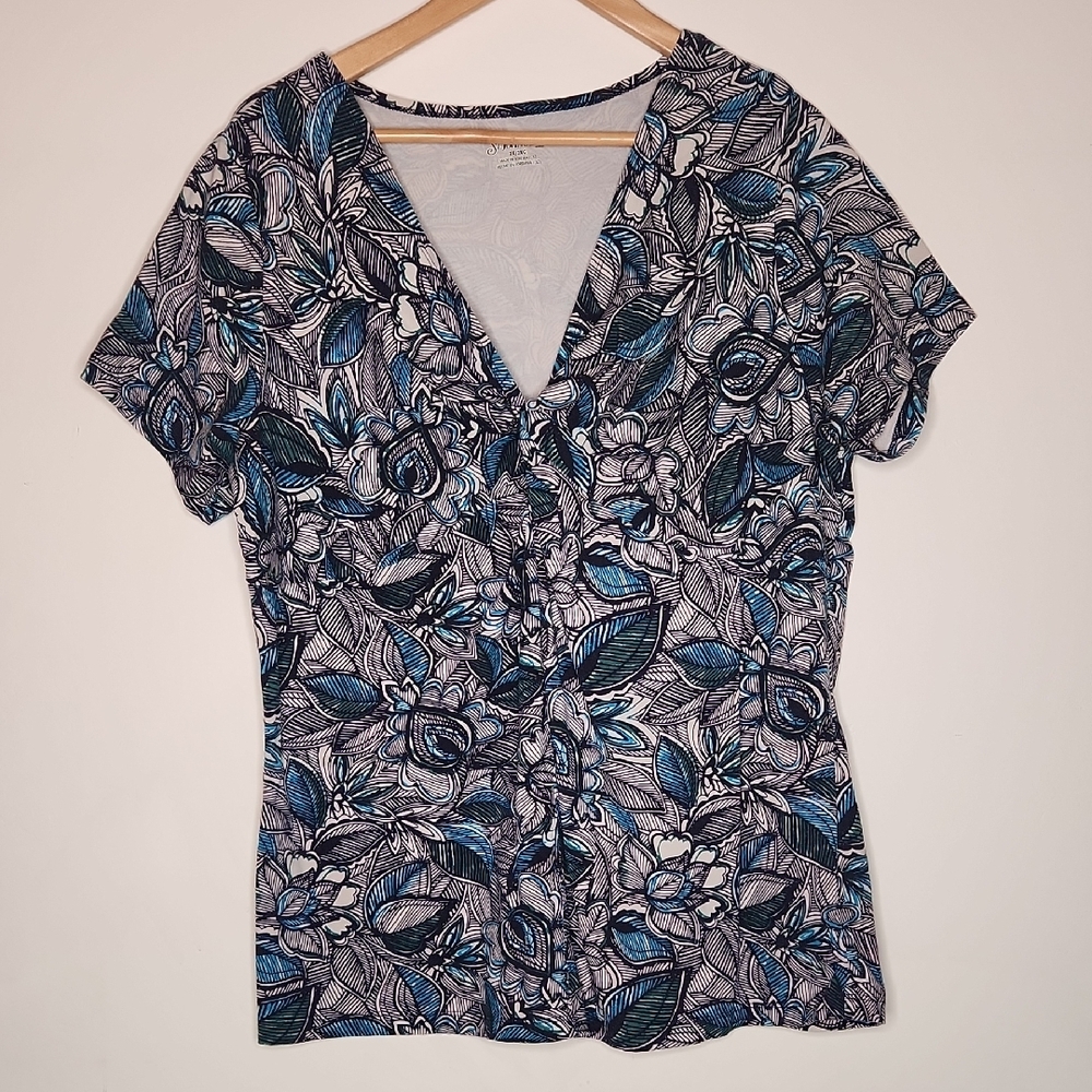 St. John's Bay Floral V-Neck Women's Top - Blue and Black